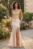 Vestido largo de baile de graduación con corsé de sirena con cuentas y champán Sweetheart
