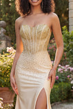 Vestido largo de baile de graduación con corsé de sirena con cuentas y champán Sweetheart
