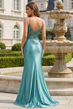 Vestido largo de graduación con corsé de sirena azul y abertura