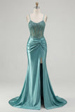 Vestido largo de graduación con corsé de sirena azul y abertura