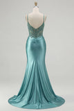 Vestido largo de graduación con corsé de sirena azul y abertura