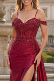 Vestido largo de baile de graduación de sirena de lentejuelas con hombros fríos y hombro frío