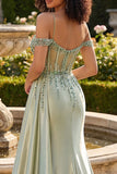 Corsé de lentejuelas sirena verde claro de hombro frío Vestido largo de baile con abertura
