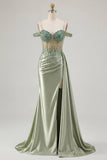 Corsé de lentejuelas sirena verde claro de hombro frío Vestido largo de baile con abertura