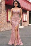 Vestido de graduación Sirena con corsé de lentejuelas y abertura