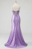 Vestido de baile de sirena con corsé lavanda y abertura