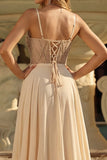 Vestido largo de graduación corsé transparente de línea Champán A