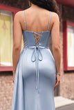 Corsé azul polvoriento sirena con encaje en la espalda Vestido largo de graduación con abertura