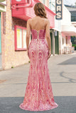 Vestido largo largo de baile de sirena rosa con cuentas