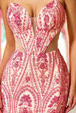 Vestido largo largo de baile de sirena rosa con cuentas