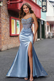 Vestido de fin de curso de sirena con corsé gris azul y abalorado