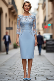 Vestido de madre de la novia con escote bateau azul claro con escote tipo bodycon aplicado y mangas 3/4