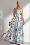 Vestido largo largo de dama de honor azul azul A-Line estampado y estampado
