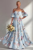 Vestido largo de dama de honor rosa sin tirantes sin tirantes con mangas abullonadas