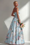 Vestido largo largo de dama de honor azul azul A-Line estampado y estampado