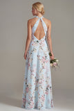 Vestido largo largo de dama de honor rosa con escote en A y cuello halter