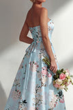 Vestido largo largo de dama de honor azul azul A-Line estampado y estampado
