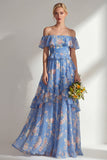 Vestido largo de dama de honor largo de gasa con volantes en línea A-line rosa amarillo rosado