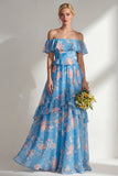Vestido largo de dama de honor largo de gasa con volantes en línea A-line rosa amarillo rosado