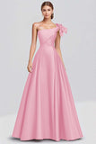 Vestido formal largo de satén con lazo de un hombro fucsia