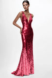 Vestido formal de sirena con lentejuelas y escote en V plateado brillante