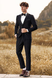 Trajes de hombre chal de 3 piezas negros con solapa slim fit