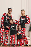 Pijama Familiar de Navidad de Manga Larga Negro Rojo con Estampado de Ciervo