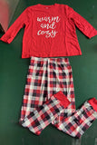 Pijama suave familiar a juego Pantalones a cuadros rojos Conjunto de pijama de moda básico cálido y suelto