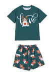 Pijamas familiares de manga corta estampados de perro verde oscuro a juego