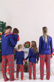 Pijamas familiares a juego de cuadros navideños con estampado azul real