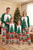 Juegos de pijama familiar de dos piezas con estampado de árbol de Navidad verde y cuello redondo