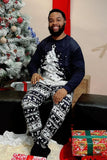 Conjunto de pijama familiar de manga larga estampado navideño azul marino y a juego familiar