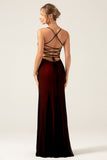 Vestido de dama de honor negro rojo con cordones en la espalda