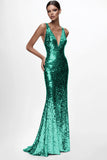 Vestido formal de sirena con lentejuelas y escote en V plateado brillante