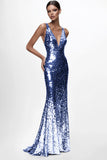 Vestido formal de sirena con lentejuelas y escote en V plateado brillante