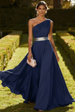 Vestido Maxi de Achiffon de Línea Oliva de un solo hombro