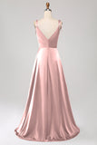 Vestido de fiesta fruncido con tirantes finos rosa polvorienta simple con abertura
