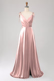 Vestido de fiesta fruncido con tirantes finos rosa polvorienta simple con abertura