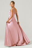 Vestido largo de dama de honor fruncido con tirantes finos de línea A rosa polvorienta con abertura