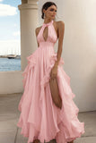 Vestido formal largo blanco con volantes halter de línea A con abertura alta