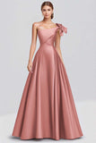Vestido formal largo de satén con lazo de un hombro fucsia