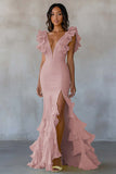 Vestido formal amarillo con volantes de sirena con escote en V y abertura