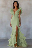 Vestido formal amarillo con volantes de sirena con escote en V y abertura
