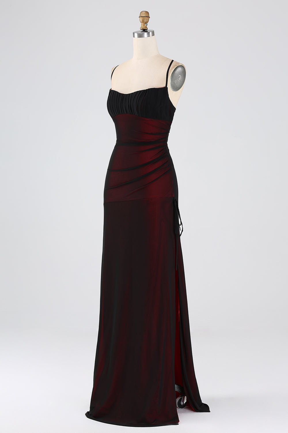 Vaina Tirantes Espagueti Negro Rojo Piso Largo Vestido De Dama De Honor