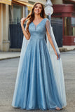Vestido de graduación azul brillante de cuello en V con mangas tipo capa