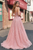Vestido de baile de sirena con tirantes finos brillantes y rosa rosa con capa
