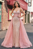 Vestido de baile de sirena con tirantes finos brillantes y rosa rosa con capa