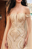 Vestido largo de graduación con lentejuelas de sirena sirena descubierto y mangas tipo capa