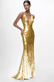 Vestido formal de sirena con lentejuelas y escote en V plateado brillante