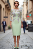 Vestido de madre de la novia con escote bateau azul claro con escote tipo bodycon aplicado y mangas 3/4